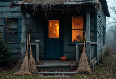 Spooky house with brooms and a pumpkin on the porch