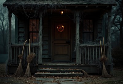 Spooky cabin entrance decorated for halloween season