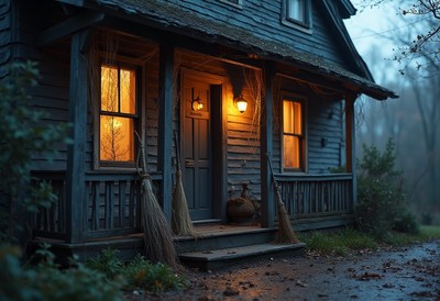 Charming old house with warm lights on a foggy evening
