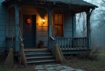 Spooky house with brooms on a foggy evening