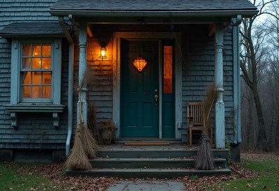 Cozy front porch on a quiet evening in autumn