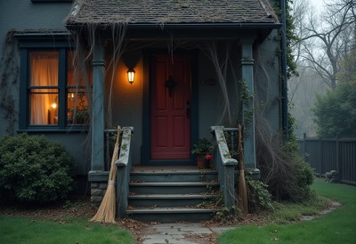 Charming spooky house with glowing porch light at dusk
