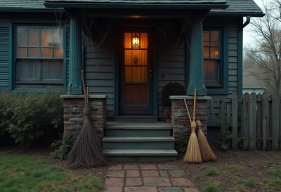 Warm light shines from the cozy entrance of a home