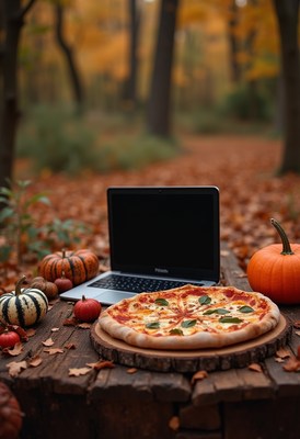 Enjoying pizza in a peaceful autumn forest setting