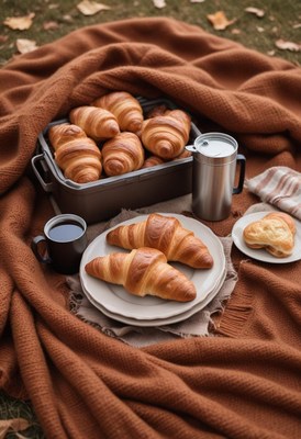 Delicious croissants on a cozy picnic blanket
