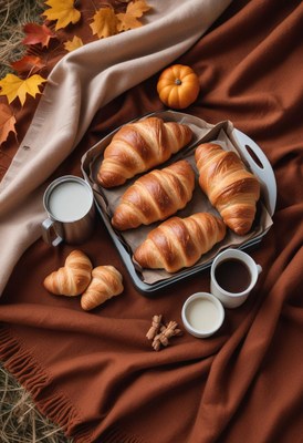 Warm croissants and coffee by a cozy autumn setting