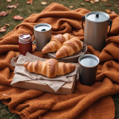 Croissants and drinks on a blanket in the park