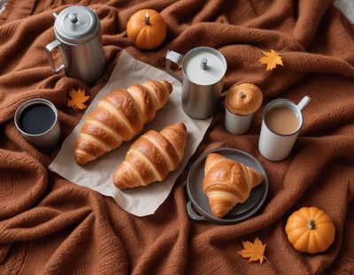 Warm breakfast with croissants and autumn decorations