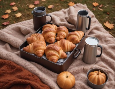 Croissants and drinks arranged for a cozy picnic on grass