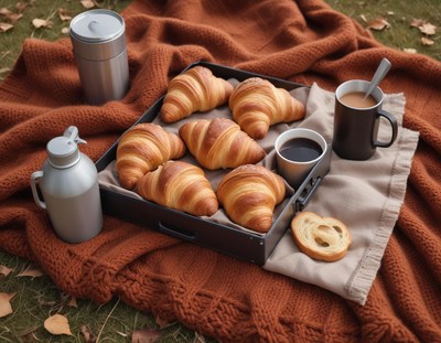 Fresh croissants and coffee on a cozy blanket outdoors