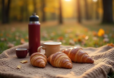 Enjoying croissants in a peaceful autumn park setting