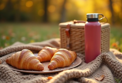 Croissants and drink resting in a picnic setting