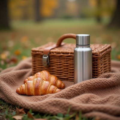 Picnic setup with croissants and a thermos in the park
