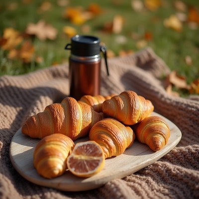 Delicious croissants served on a wooden platter outdoors
