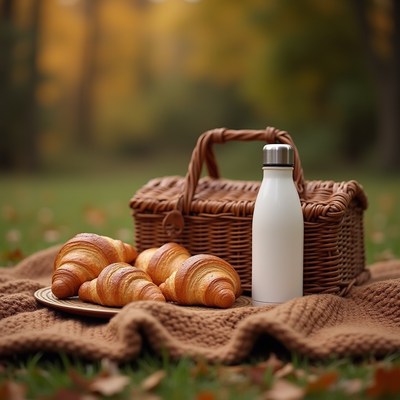 Picnic with croissants and a water bottle in the park