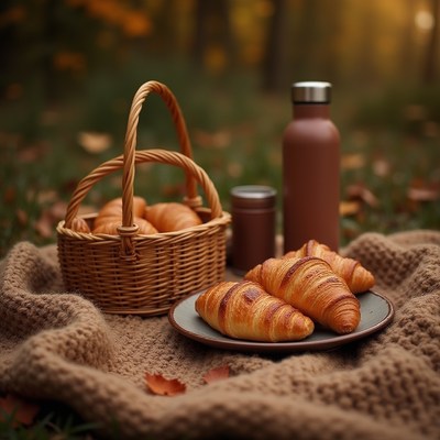 Warm croissants and drinks in a cozy outdoor setting