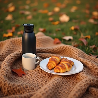 Enjoying coffee and croissants on a cool autumn day