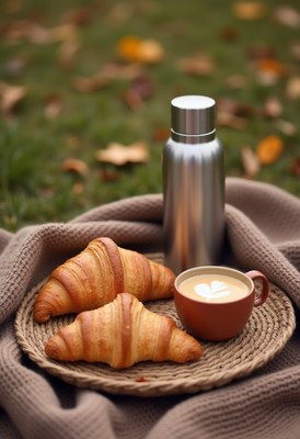 Enjoying coffee and croissants in a cozy outdoor setting