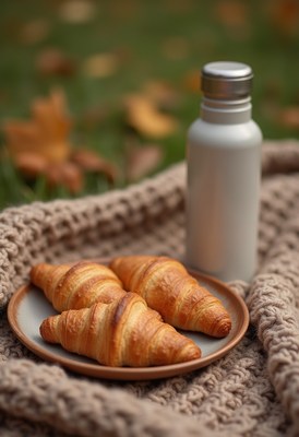 Croissants and milk bottle on a cozy blanket outdoors
