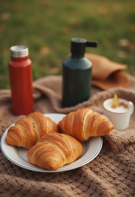 Croissants on a plate with condiments in a grassy setting