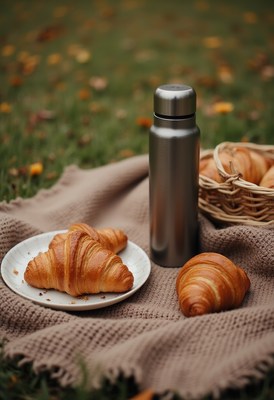 Enjoying croissants and tea in the park on a sunny day