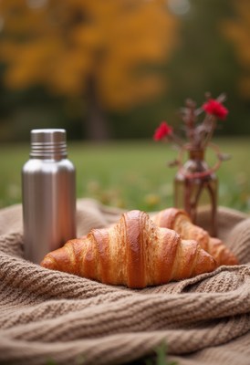 Enjoying croissants and warm drinks in a park setting
