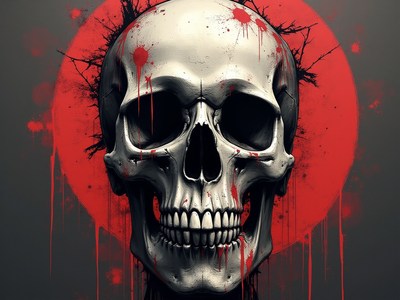 Skull art with red background and splattered paint