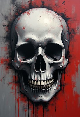 Detailed skull design with red splashes on canvas