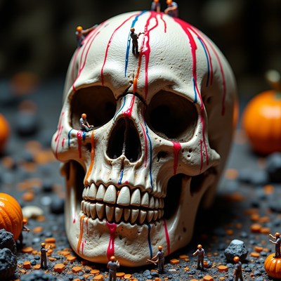 Creative skull art with tiny figures and pumpkins
