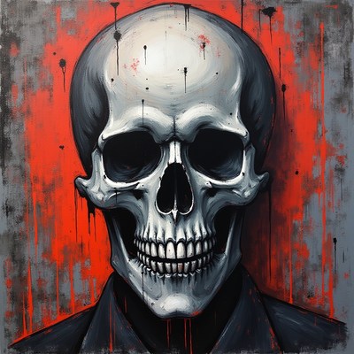Bold skull artwork with striking red background