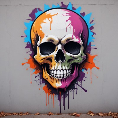 Colorful skull mural on urban wall in city