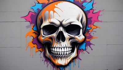 Colorful skull graffiti on urban wall