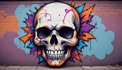 Colorful skull mural on a city wall in bright hues