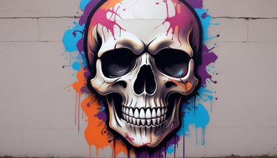 Colorful street art featuring a skull on a city wall