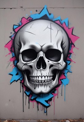 Bold graffiti skull mural on a city wall