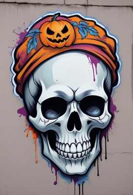 Colorful skull mural with pumpkin on hat