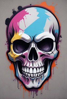 Colorful skull mural on urban wall