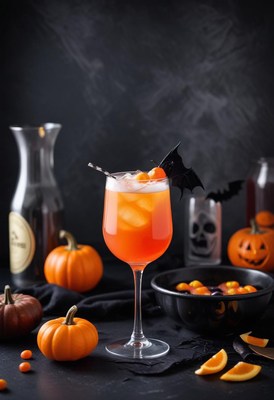 Festive halloween drink with pumpkins and spooky decor