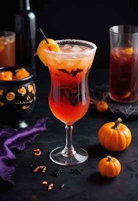 Festive halloween cocktail with treats and decor