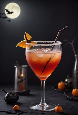 Halloween cocktail with spooky decorations and moonlight