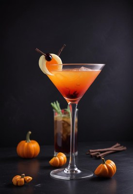 Colorful autumn cocktail with garnishes and pumpkins