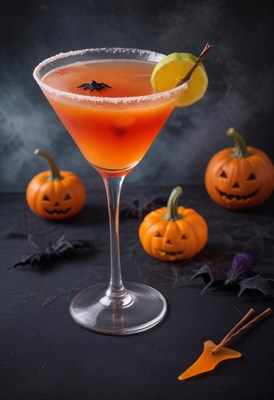 Halloween cocktail with decorative pumpkins and bats