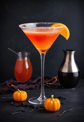 Festive cocktail with mini pumpkins and black background