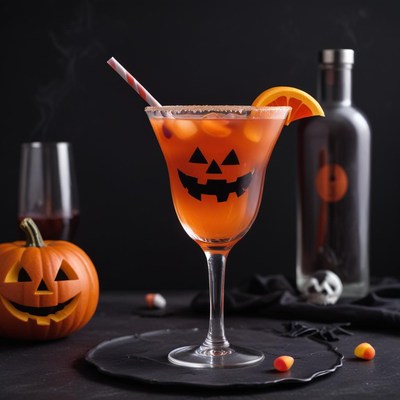 Halloween cocktail with pumpkin and candy decorations