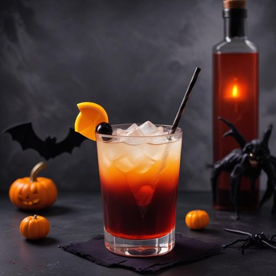 Halloween cocktail with spooky decorations in dim light