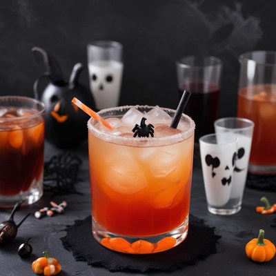 Festive halloween cocktails on a dark table setting