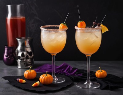 Halloween-themed cocktails with pumpkins and skull decor