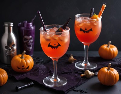 Halloween themed cocktails with pumpkins and decorations