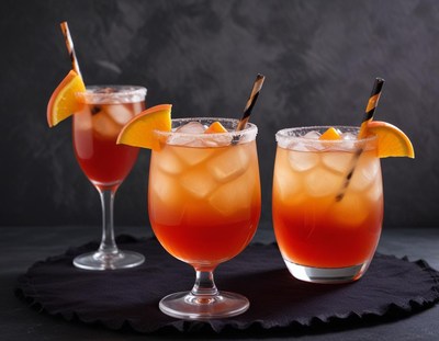 Colorful summer cocktails with ice and fruit garnish