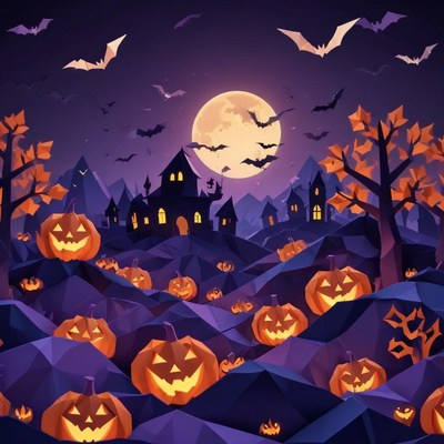 Halloween night with glowing pumpkins and bats in the sky
